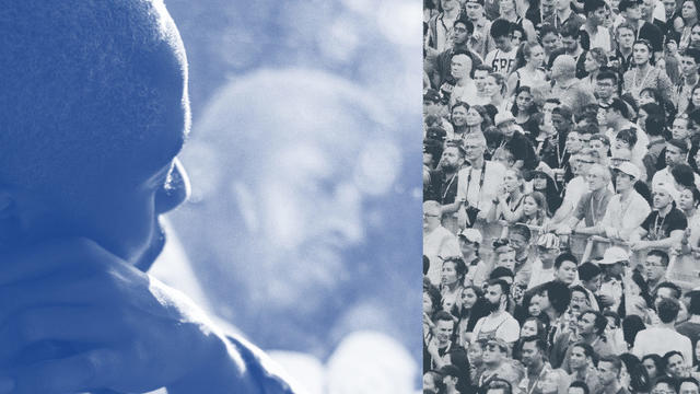 Two photos, side by side, with one showing a person's head in profile in blue and the other showing a black and white image of a crowd.