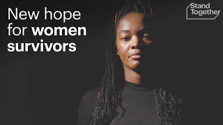 Woman with braided hair against a dark background, text - New hope for women survivors.