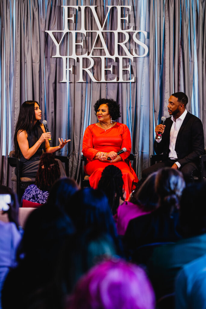 Alice Marie Johnson and Kim Kardashian at a panel discussion talking about Alice's five year anniversary of being free from prison